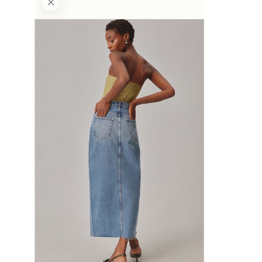 $168 Reformation Nila Long Denim Jean Skirt Blue Crossover Waist Midi Slit 26 4 - Picture 4 of 15